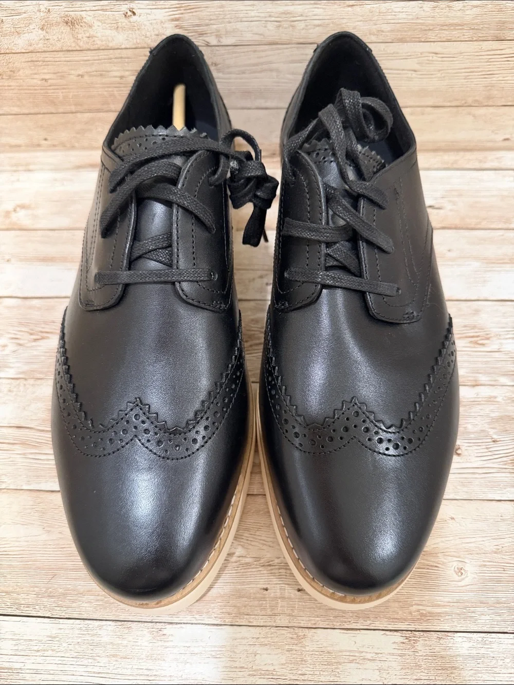 Cole‎ Haan Black Leather Platform Oxford with Cream Platform 11B NEW